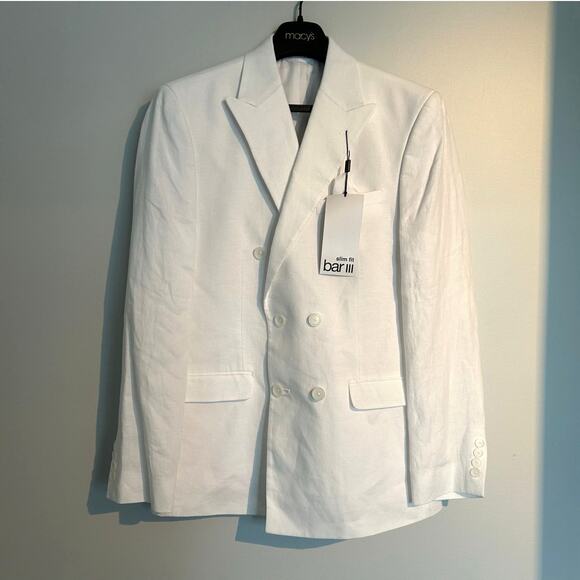 Bar III Men’s Slim Fit Double-Breasted Sport Coat Blazer, White, 100% Linen, 38R - Picture 2 of 8